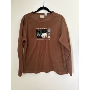 VTG‎ Decorated Originals Brown Fleece Holiday Snowy Cabin Embroidered Pullover L